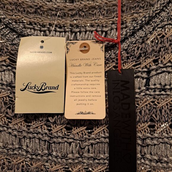 LUCKY BRAND Sweater Women's Crochet 3/4 Sleeve Metallic Open Knit Gray Sz M NWT - Picture 7 of 12